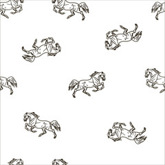 seamless monochrome halophilic horse background, ink drawing, silhouettes and contours, and white color background