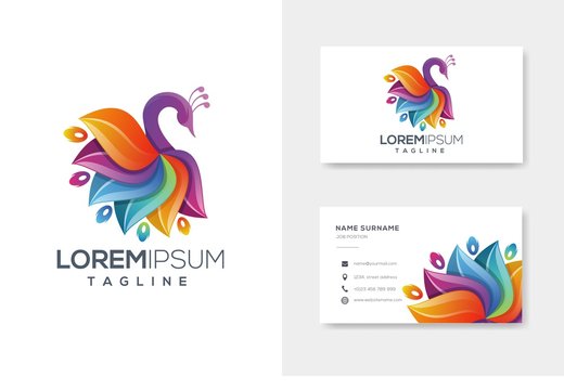 Colorfull abstract peacock logo design vector with business card design