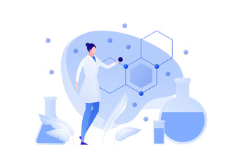 Vector flat chemistry science people illustration. Female scientist holding atom with formula and tube on background. Concept of biochemistry, research, analysis Design element for banner, poster, web
