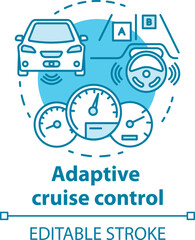 Adaptive cruise control concept icon. System for avoid road collisions. Self-driving car. Autopilot vehicle idea thin line illustration. Vector isolated outline drawing. Editable stroke