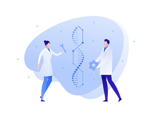 Vector flat genetic science people illustration. Scientist team work with engineered gene spiral . Concept of dna, rna, editing, biology innovation. Design element for banner, poster, website