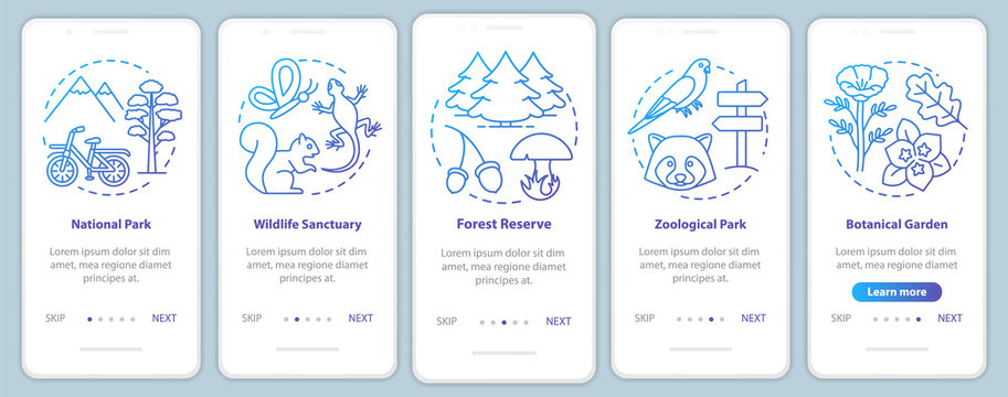 Protected areas for biodiversity blue onboarding mobile app page screen with linear concepts. Zoological park walkthrough steps graphic instructions. UX, UI, GUI vector template with illustrations