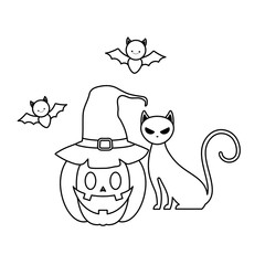 halloween pumpkin with cat and bats flying