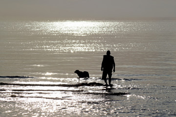 Silhouette of a man playing with his dog on the beach in sparkle water.