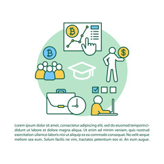 Crypto mining training article page vector template. Cryptocurrency trading. Crypto market. Brochure, magazine, booklet design element with linear icons and text. Print design. Concept illustrations