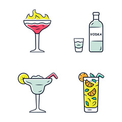 Drinks color icons set. Flaming shot, margarita, mojito, vodka. Glasses with beverages, bottle. Alcoholic mixes and soft drink for party, celebration. Isolated vector illustrations
