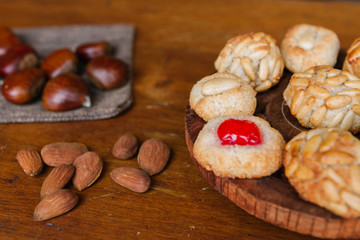 Some catalan panellets with almonds and roasted chesnuts. Typical desert in Catalonia in Halloween (Called la Castanyada)