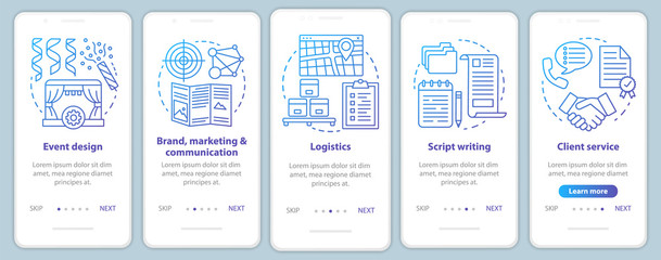 Event management, planning onboarding mobile app page screen with linear concepts. Brand, marketing and communication, client service. Walkthrough graphic instructions. UX, UI, GUI vector template