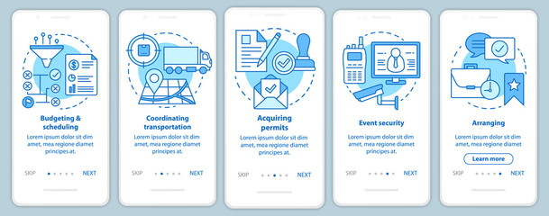 Event planning onboarding mobile app page screen with linear concepts. Budgeting and scheduling, arranging, transportation walkthrough steps graphic instructions. UX, UI, GUI vector template