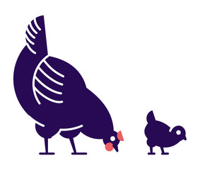 Chicken with chick pecking flat vector illustration. Domestic bird breeding concept. Dark blue hen isolated design element with outline. Poultry farming, hennery symbol on white background