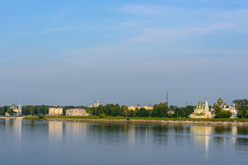 Obraz premium The view of the Resurrection Cathedral and the Cathedral of St. John the Baptist from the Volga river in the ancient town of Uglich, Yaroslavl region, Russia