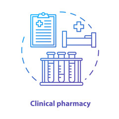 Clinical pharmacy concept icon. Medical laboratory tests and diagnostics idea thin line illustration. Prescribed medication hospital therapy. Vector isolated outline drawing