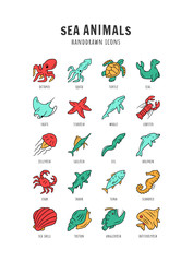 Obraz premium Sea animals color icons set. Turtle, jellyfish, lobster, skate, butterflyfish. Swimming mollusk and fish. Underwater wildlife. Ocean inhabitants. Aquatic creatures. Isolated vector illustrations