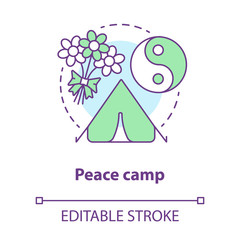 Peace camp concept icon. Peaceful anti war protest, hippie movement, pacifism idea thin line illustration. Yin yang symbol, tent and flowers bouquet vector isolated outline drawing. Editable stroke
