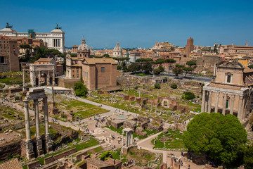 Fototapeta na wymiar View of the ancient ruins of the Roman Forum in Rome