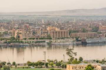 Fototapeta na wymiar Aerial view of the Luxor Temple and Nile river, Luxor, Egypt