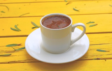 cup of coffee on wooden table
