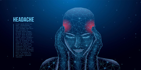 A person who has a headache, migraine, pain, pressing his hands to his head. Health and pain. A tired man with a severe headache suffers from a migraine. Low poly concept. Vector