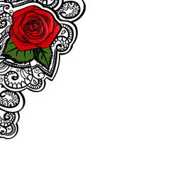 red roses contour line art doodle ornament element design, black and white indian mehndi tatoo elements. isolated on white