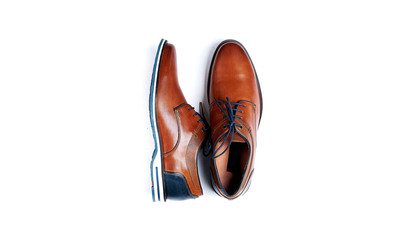 luxurious male brown and blue leather shoes isolated on a white, top view