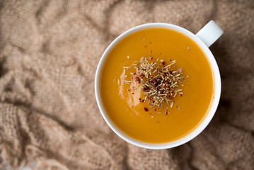 Creamy pumpkin squash vegetable soup in a white cup 