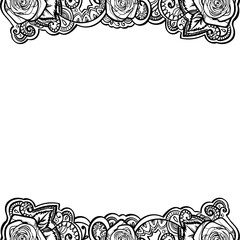 roses frame border with leaves and mehndi black and white  doodle ornament hand drawn, vector banner illustration background