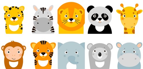 jungle animals icons, vector animals, safari animals, animal faces