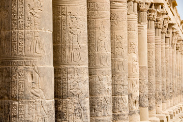 Amazing columns in the Temple of Isis, Agilkia island (moved from Philae island), Aswan, Egypt