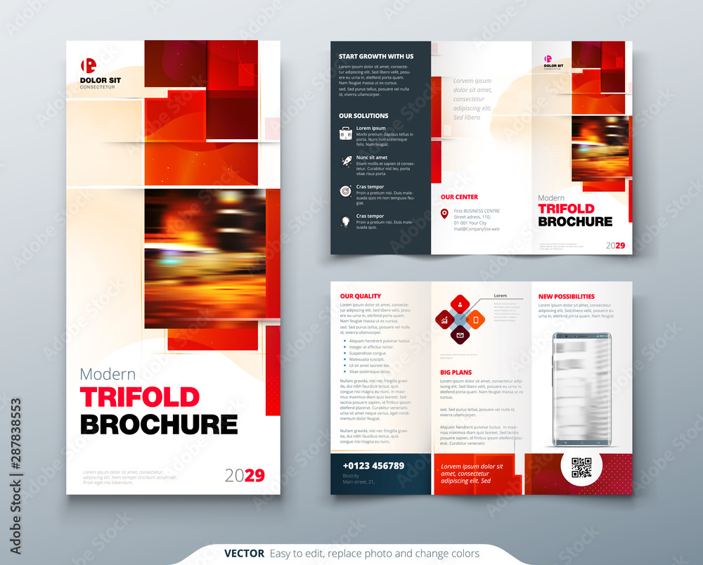 Wall mural tri fold brochure design with square shapes, corporate business template for tri fold flyer. creativ