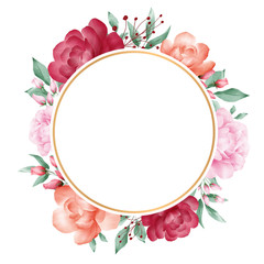 Watercolor flowers decoration for wedding or greeting card composition. Floral illustration of red roses, peonies, leaf, bud, branches. Wedding invitation flower background