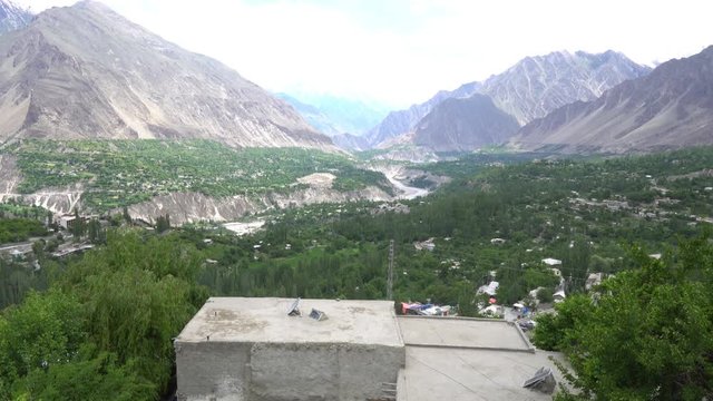 Karimabad Hunza Valley and Breathtaking Picturesque Panoramic View of the Snow Capped Diran and Rakaposhi Mountains at Background