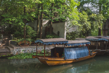 Boat in river in old town of Nanxun, Zhejiang, China