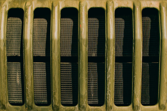 Grille green closeup. Military equipment.