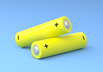 Two yellow AA size batteries isolated on blue background in pastel colors. Alkaline battery. Minimal concept. 3d render illustration