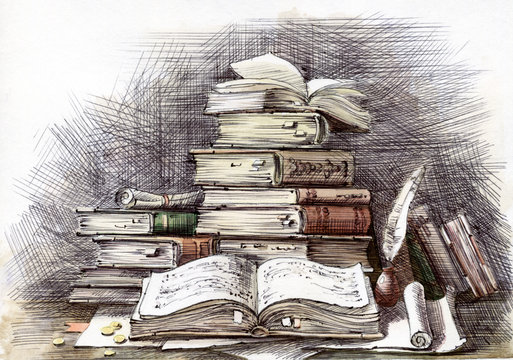 Ancient tomes,ink drawing. Old books and scrolls. Manuscripts and scrolls. Open book.