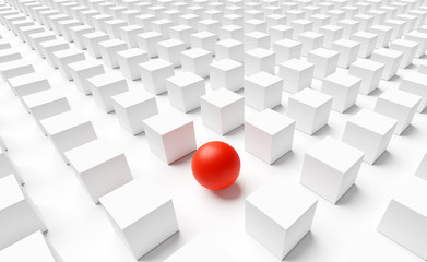 abstract background with cubes in a wide angle perspective view with a red sphere. concept of different view or diversity. 3d illustrator, wallpaper