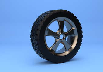 Car wheels isolated on bright blue background in pastel colors. Alloy wheels tire auto. Minimalist creative concept. 3d render illustration