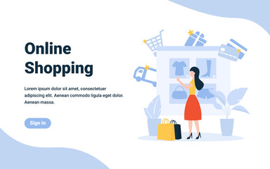 Girl buys clothes used online store. Delivery, card payment, gifts. Flat concept vector illustration for landing page, web, poster, banner, flyer, layout, template.