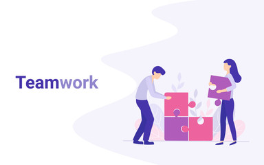People connecting puzzle elements. Symbol of teamwork, cooperation, partnership. Solutions and problem solving. Flat concept vector illustration for web page, website, banner.