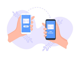 People sending message wireless with their mobile phones. Hands holding smart phones with mailing lists. Flat style vector illustration. 