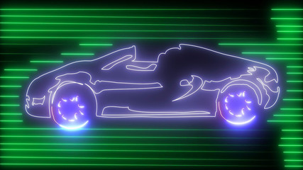 Noen speedy car on road with neon light. Travel, business and transportation concept, neon outline of sport automobile led line. 