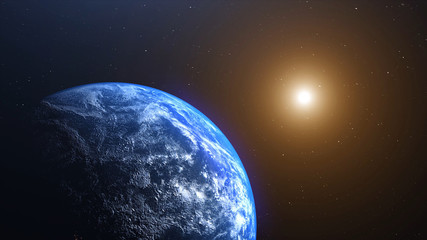 World and sun realistic 3D rendering. Shiny sunlight over Planet Earth, cosmos, atmosphere. Shot from Space satellite