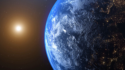 World and sun realistic 3D rendering. Shiny sunlight over Planet Earth, cosmos, atmosphere. Shot from Space satellite