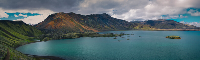 Panoramic view of ocean shore in Iceland.