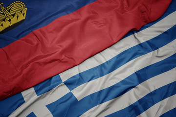 waving colorful flag of greece and national flag of liechtenstein.