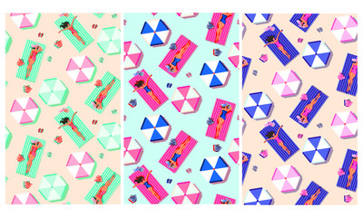 patterns without seams girls in swimsuit sunbathing on the beach or surf floats on a rubber disc with a Flamingo