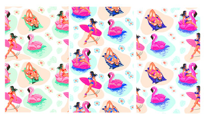 patterns without seams girls in swimsuit sunbathing on the beach or surf floats on a rubber disc with a Flamingo