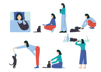Woman performing different activities with her cat - sleeping, feeding, hugging, cleaning litter box, playing, petting, taking a picture. Spending time with cat collection, Flat vector illustration