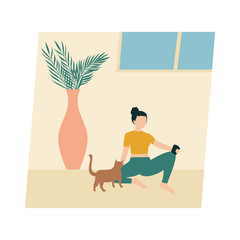 Woman with her cat. Woman dressed in trendy clothes spending time with a pet - cat asking for attention. Flat vector illustration.