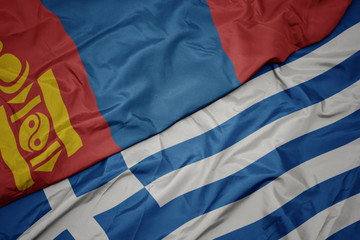waving colorful flag of greece and national flag of mongolia.